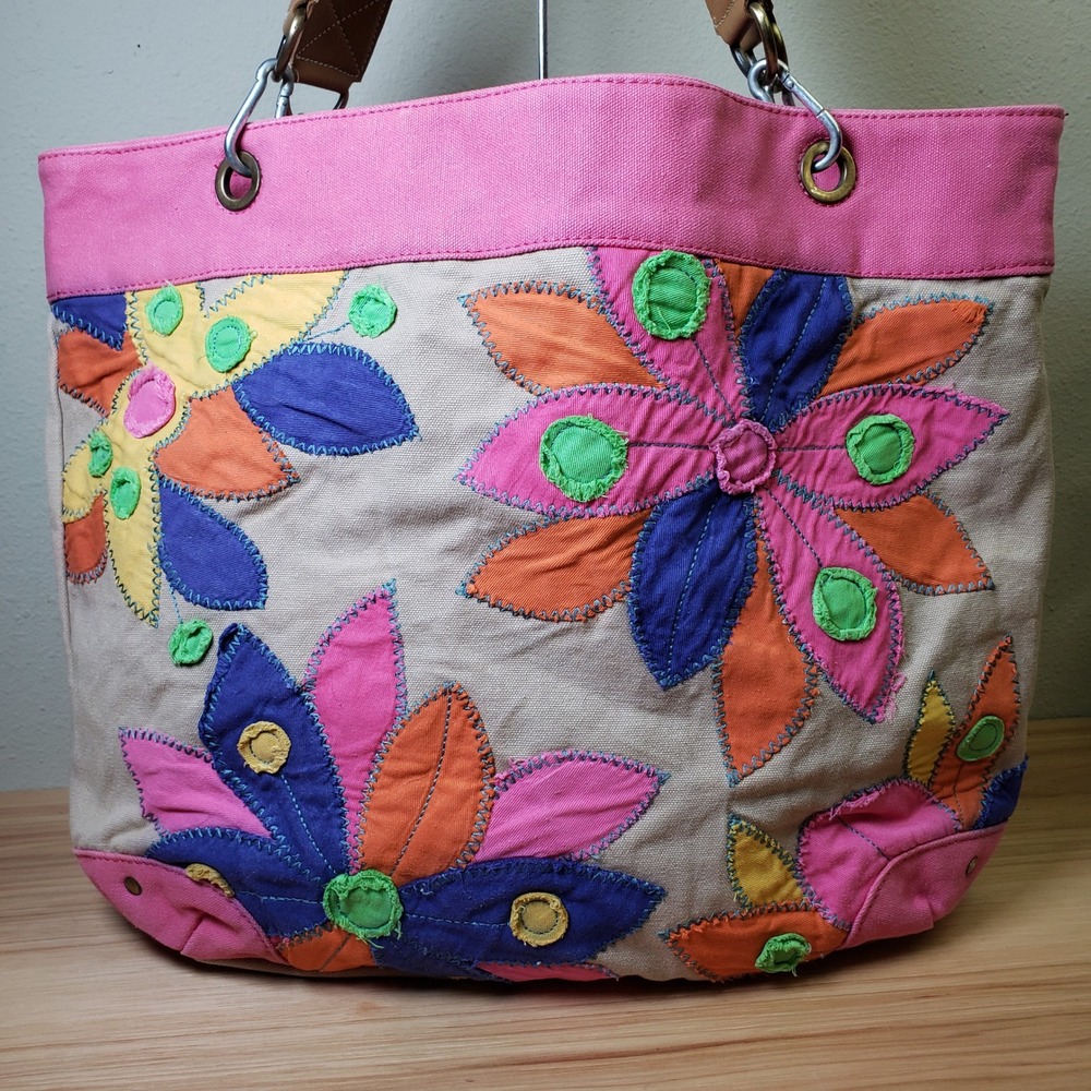 Boden Floral Patchwork Tote Purse Pink Orange Embroidered Canvas Work Bag